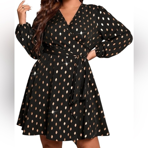 Black & Gold Polka Dot Wrap Dress 1X – Long Sleeve Party Dress Red Dot Boutique - Picture 2 of 13